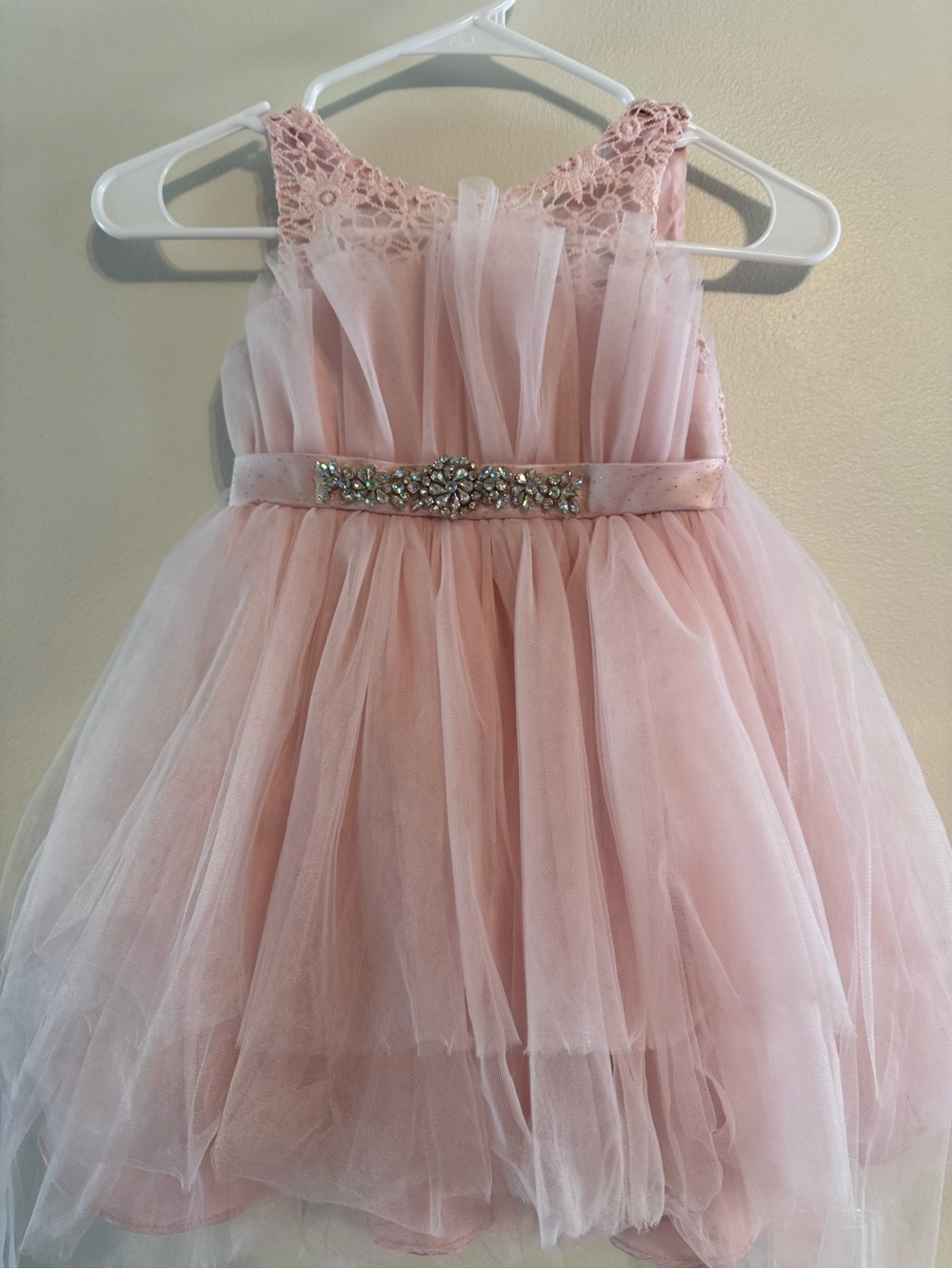 Rare Editions Blush Pink Lace & Tulle Dress with Jeweled Belt